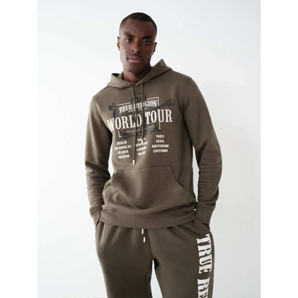 True Religion World Tour Pullover Hoodie Olive Green Graphic Sweatshirt M